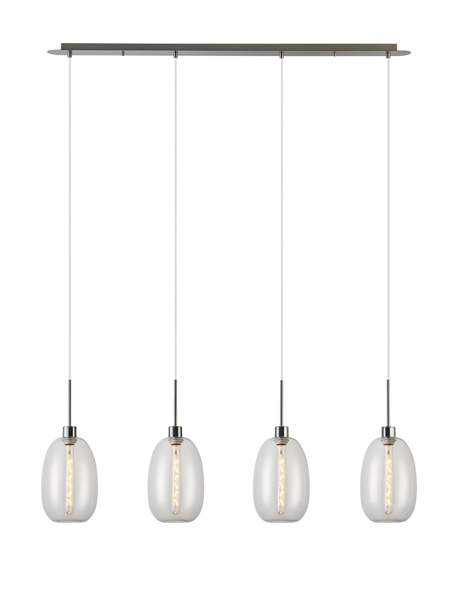 DK1402  Lori Linear Pendant, 4 Light Adjustable E27, Satin Nickel/Clear Slim Curved Trapezium Shades